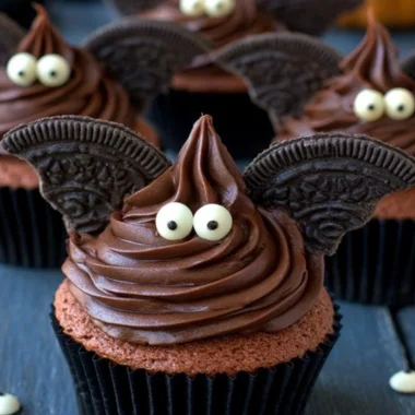 Halloween bat cupcakes decorated with chocolate frosting and candy eyes