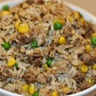 Bowl of homemade dirty rice with ground beef and spices