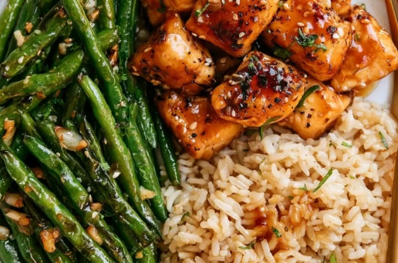 Honey Garlic Chicken served with green beans on a plate