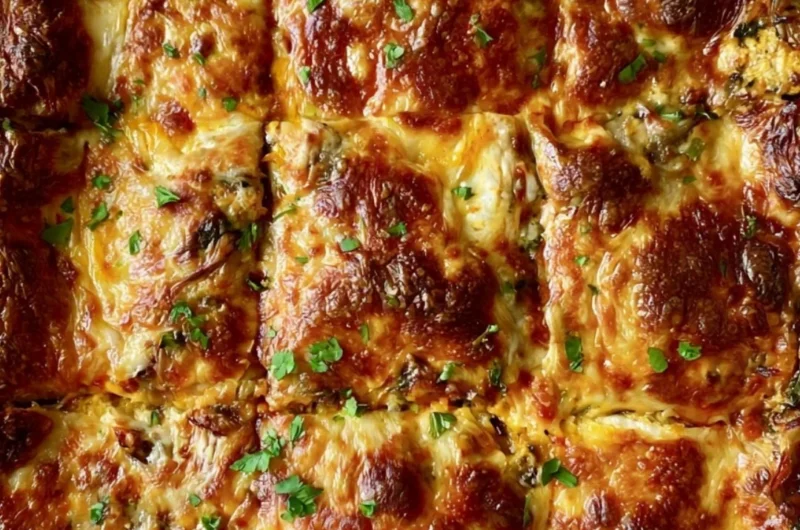 Delicious butternut squash lasagna with spinach and mushrooms baked to perfection.