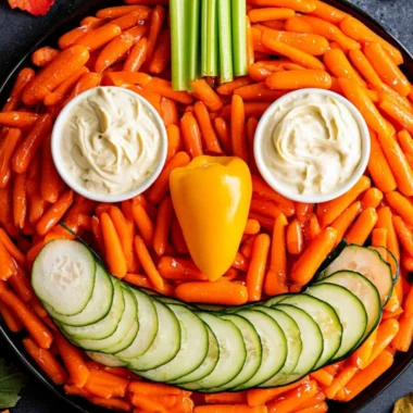 A festive Jack-O-Lantern veggie tray filled with colorful fresh vegetables.