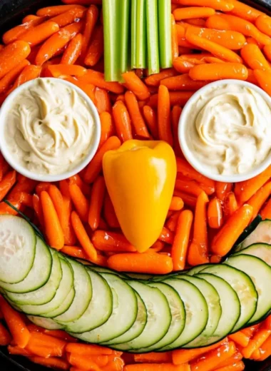 A festive Jack-O-Lantern veggie tray filled with colorful fresh vegetables.