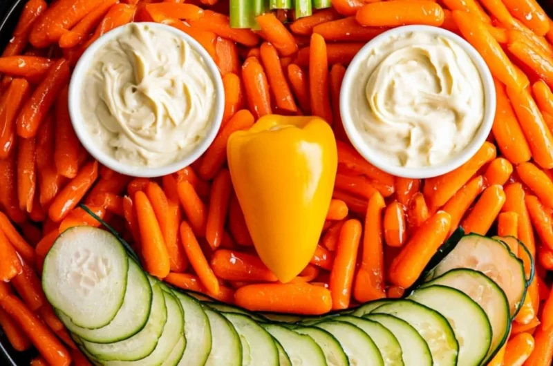 A festive Jack-O-Lantern veggie tray filled with colorful fresh vegetables.