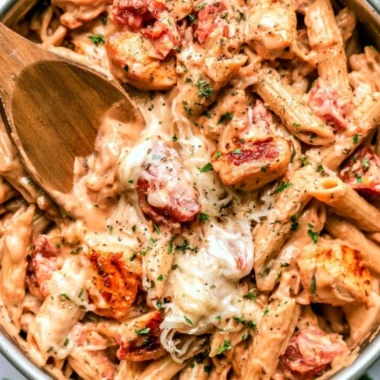 One Pot Chicken Pasta in a bowl, garnished with herbs and cheese for a cozy meal.