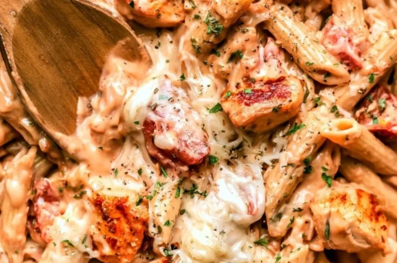 One Pot Chicken Pasta in a bowl, garnished with herbs and cheese for a cozy meal.