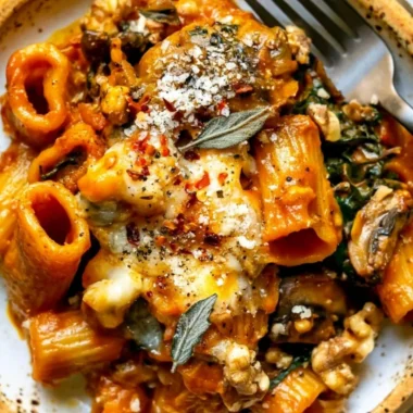 Cheesy pumpkin pasta bake with mushrooms and spinach in a dish