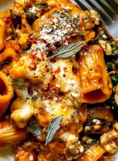 Cheesy pumpkin pasta bake with mushrooms and spinach in a dish