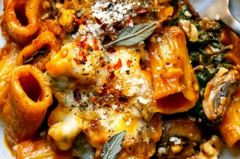 Cheesy pumpkin pasta bake with mushrooms and spinach in a dish