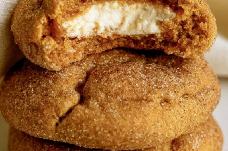 Chewy pumpkin cheesecake cookies fresh out of the oven, showcasing fall flavors.