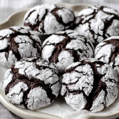 Delicious Chocolate Crinkle Cookies dusted with powdered sugar on a plate