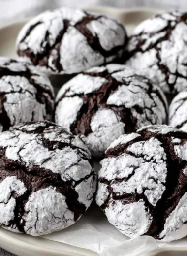Delicious Chocolate Crinkle Cookies dusted with powdered sugar on a plate