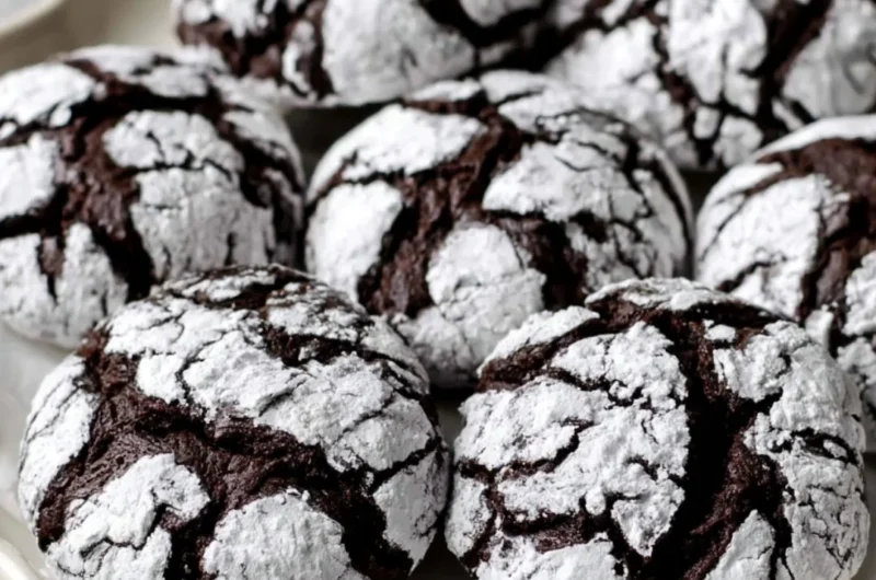 Delicious Chocolate Crinkle Cookies dusted with powdered sugar on a plate