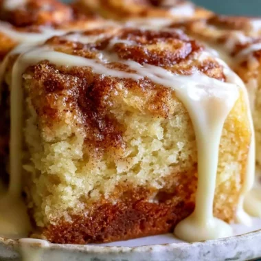 Delicious Cinnabon Cinnamon Roll Cake topped with creamy icing and cinnamon