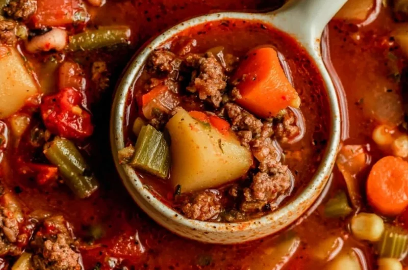 Bowl of delicious Cowboy Soup with vegetables and beans