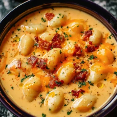 Creamy bacon cheddar gnocchi soup in a bowl topped with crispy bacon and herbs