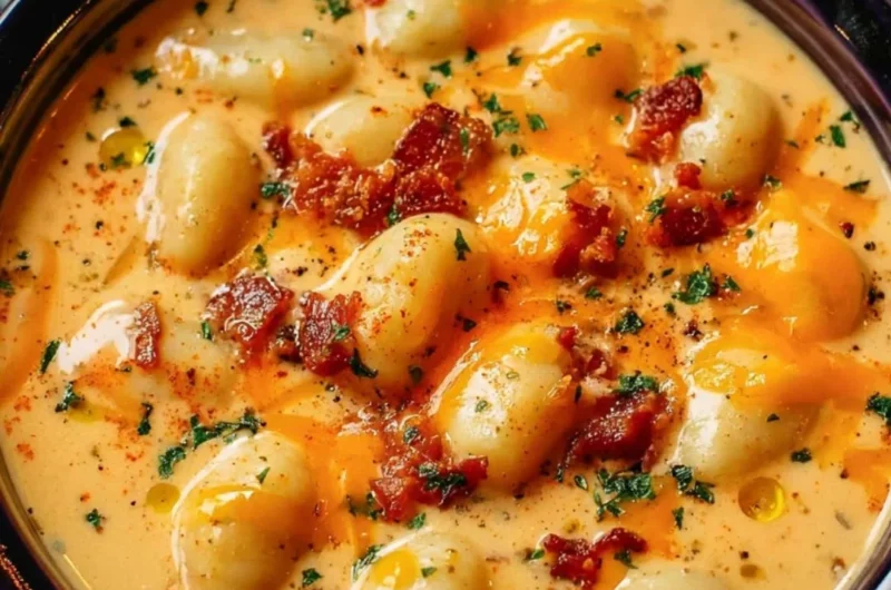 Creamy bacon cheddar gnocchi soup in a bowl topped with crispy bacon and herbs