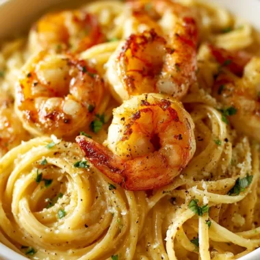Creamy garlic shrimp pasta with herbs and spices served in a bowl