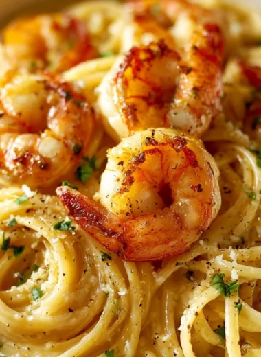 Creamy garlic shrimp pasta with herbs and spices served in a bowl
