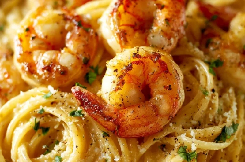 Creamy garlic shrimp pasta with herbs and spices served in a bowl