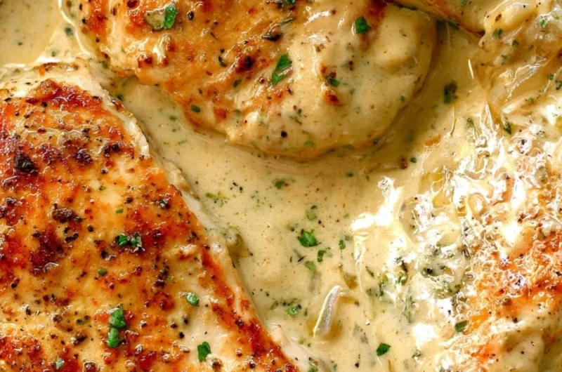 Creamy ranch chicken dish served on a plate with herbs and garnishes.