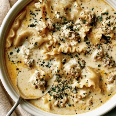Bowl of creamy white lasagna soup topped with herbs and cheese