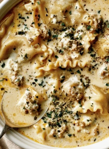 Bowl of creamy white lasagna soup topped with herbs and cheese