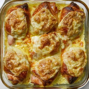 Delicious Croque Monsieur Croissant Bake with melted cheese and ham