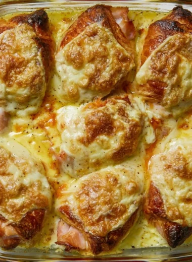 Delicious Croque Monsieur Croissant Bake with melted cheese and ham