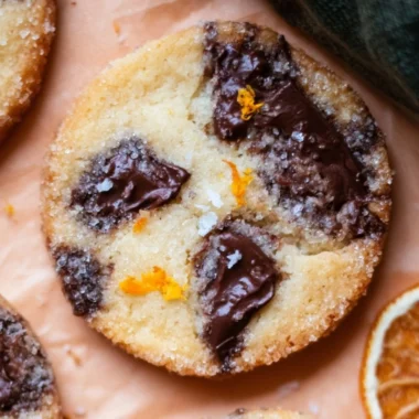 Dark chocolate orange shortbread cookies on a plate