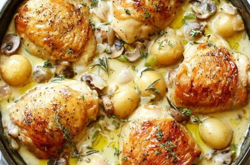 Delicious French chicken casserole in a rustic dish with fresh herbs