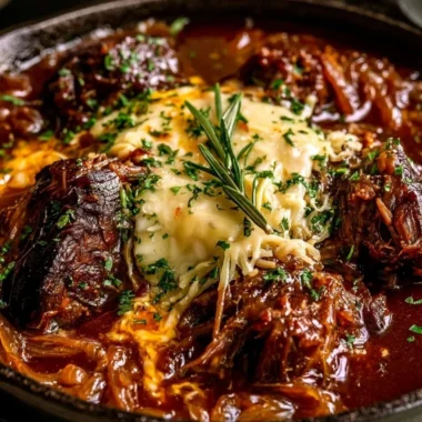 Delicious French onion braised chuck roast served with caramelized onions and herbs