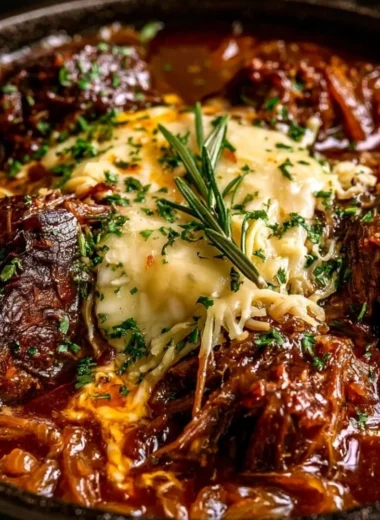Delicious French onion braised chuck roast served with caramelized onions and herbs