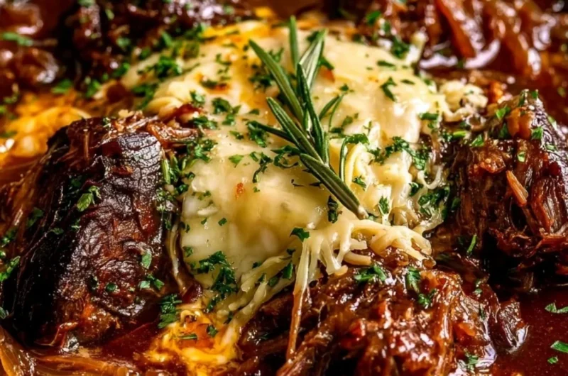 Delicious French onion braised chuck roast served with caramelized onions and herbs