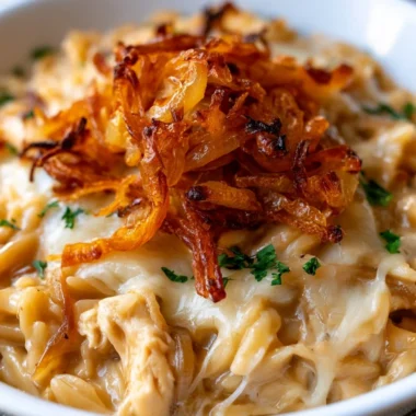 Delicious French Onion Chicken Orzo Casserole topped with melted cheese