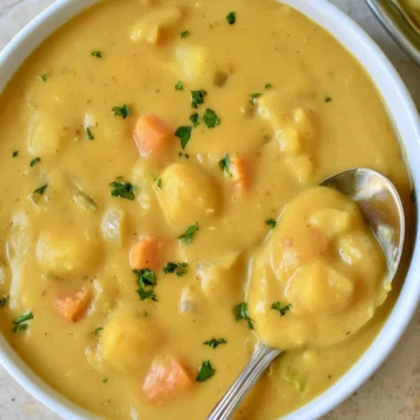 Bowl of German potato soup garnished with herbs and served hot.