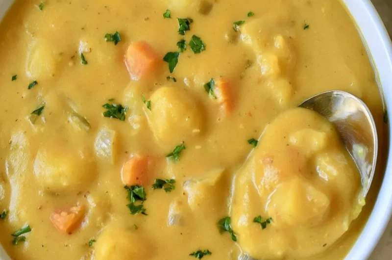 Bowl of German potato soup garnished with herbs and served hot.