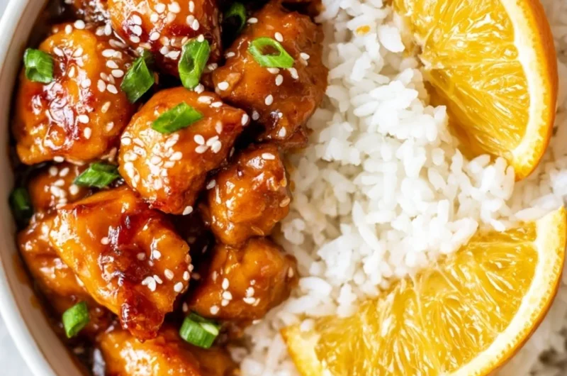 Healthy homemade orange chicken served in a bowl with vegetables.