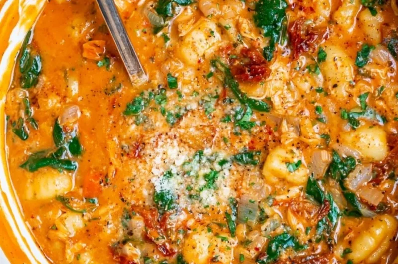 Bowl of Italian Chicken Gnocchi Soup garnished with herbs and vegetables