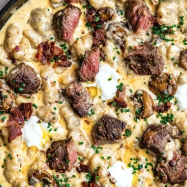Loaded steak and gnocchi skillet dish, perfect for an easy one-pan dinner.