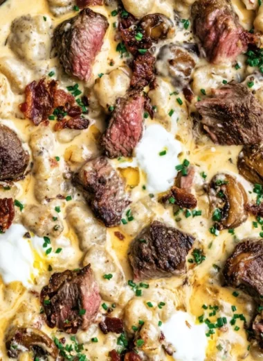Loaded steak and gnocchi skillet dish, perfect for an easy one-pan dinner.