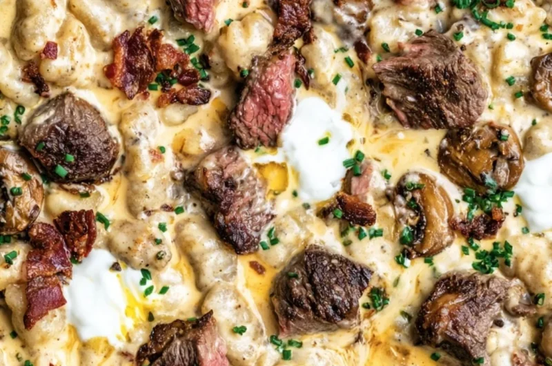 Loaded steak and gnocchi skillet dish, perfect for an easy one-pan dinner.