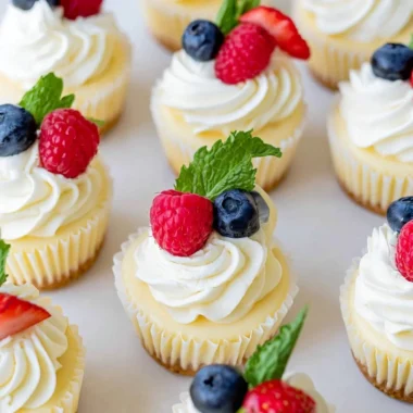 A plate of assorted mini cheesecakes topped with fruits and chocolate
