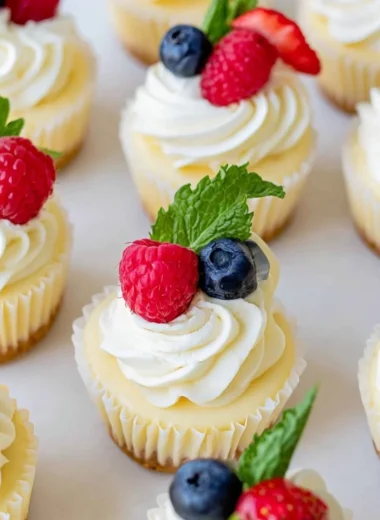 A plate of assorted mini cheesecakes topped with fruits and chocolate