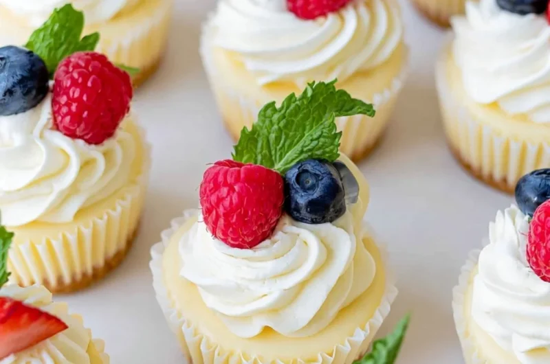 A plate of assorted mini cheesecakes topped with fruits and chocolate