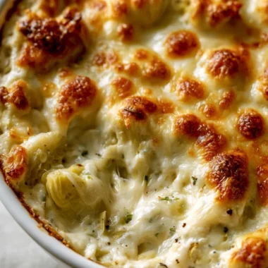 Bowl of Paula Deen's creamy artichoke dip served with tortilla chips.