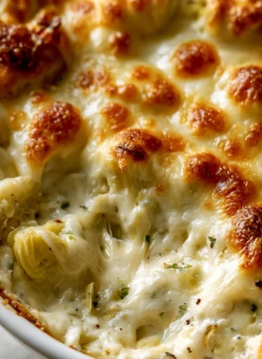 Bowl of Paula Deen's creamy artichoke dip served with tortilla chips.