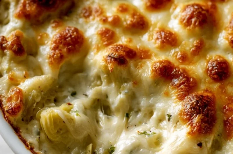 Bowl of Paula Deen's creamy artichoke dip served with tortilla chips.