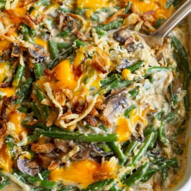 Paula Deen's green bean casserole prepared and served on a festive table