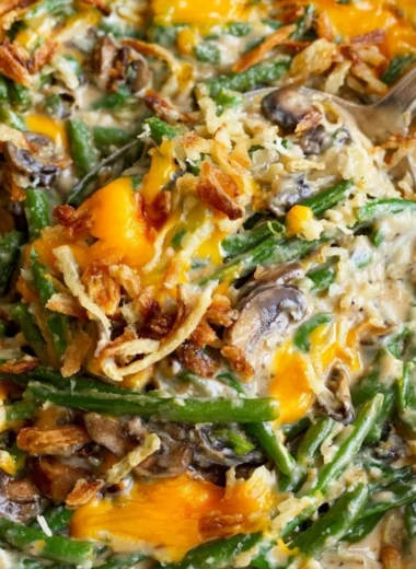 Paula Deen's green bean casserole prepared and served on a festive table