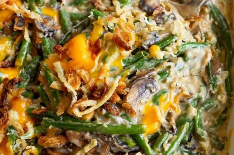 Paula Deen's green bean casserole prepared and served on a festive table